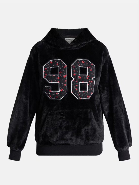 No Boundaries Tops - No Boundaries Women's Faux Fur Graphic Hoodie, Size Medium (8-10), Black